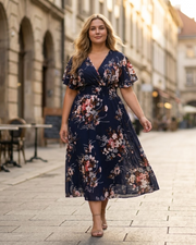 Élise kjole til kvinder – Midi-kjole med blomster, V-hals, A-linje, let og elegant i hør og bomuld til sommer