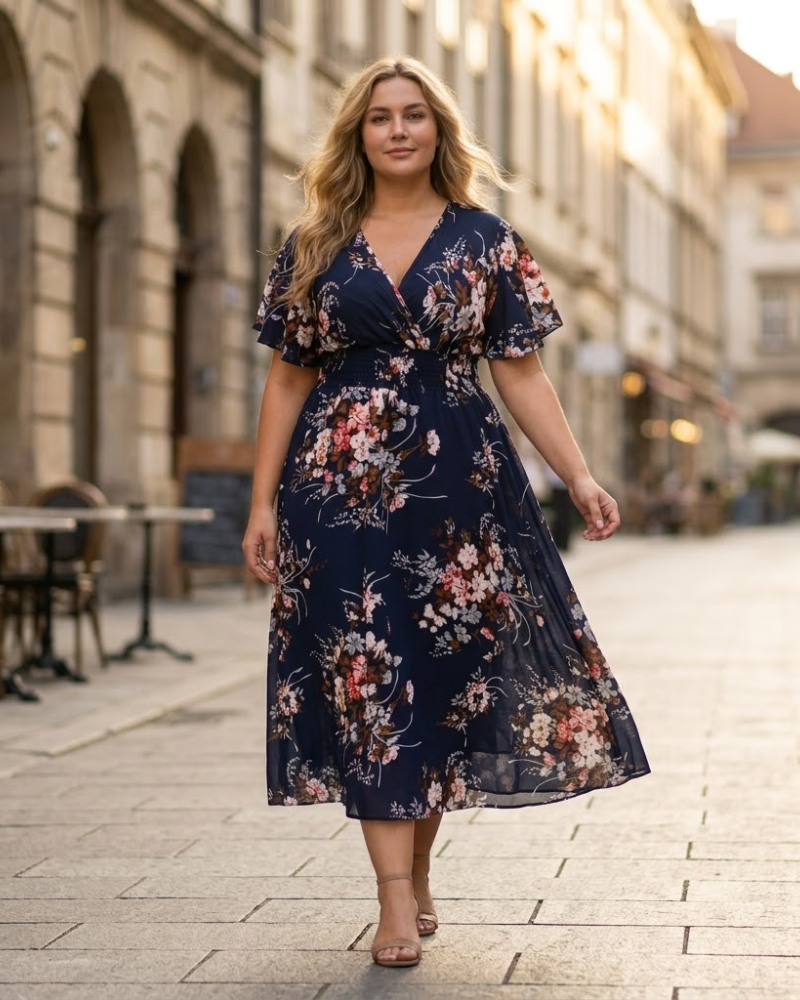 Élise kjole til kvinder – Midi-kjole med blomster, V-hals, A-linje, let og elegant i hør og bomuld til sommer