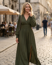 Éliana Damen Maxikleid – Elegantes Kleid mit V-Ausschnitt, hoher Taille und Laternenärmeln
