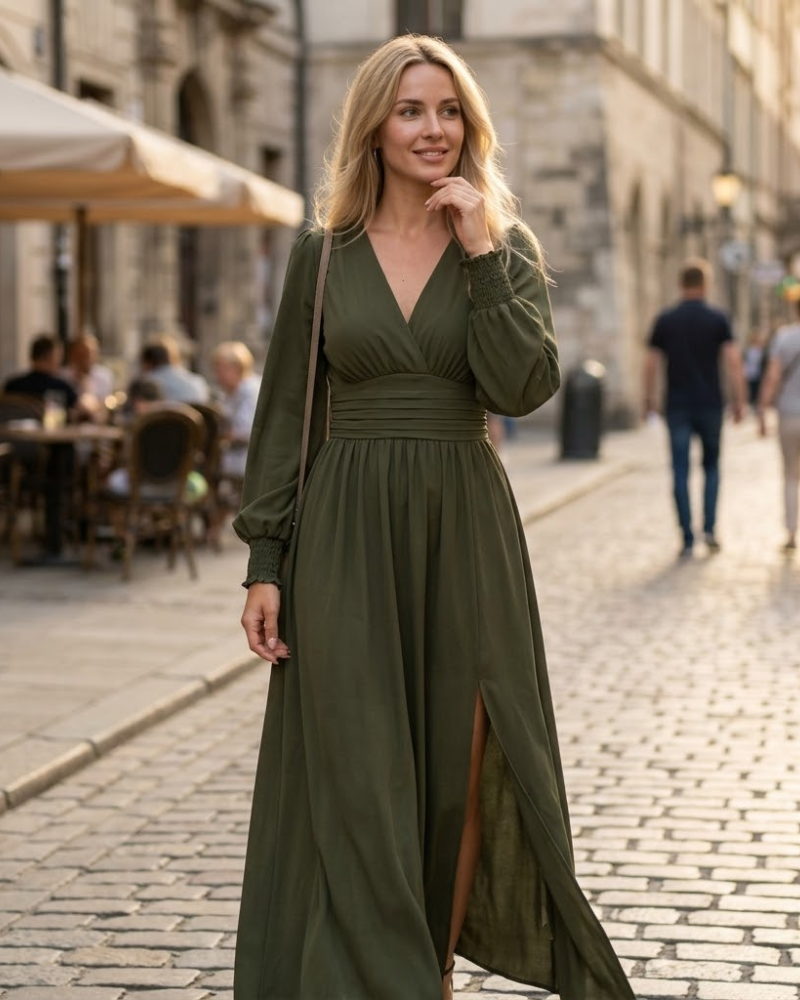 Éliana Damen Maxikleid – Elegantes Kleid mit V-Ausschnitt, hoher Taille und Laternenärmeln