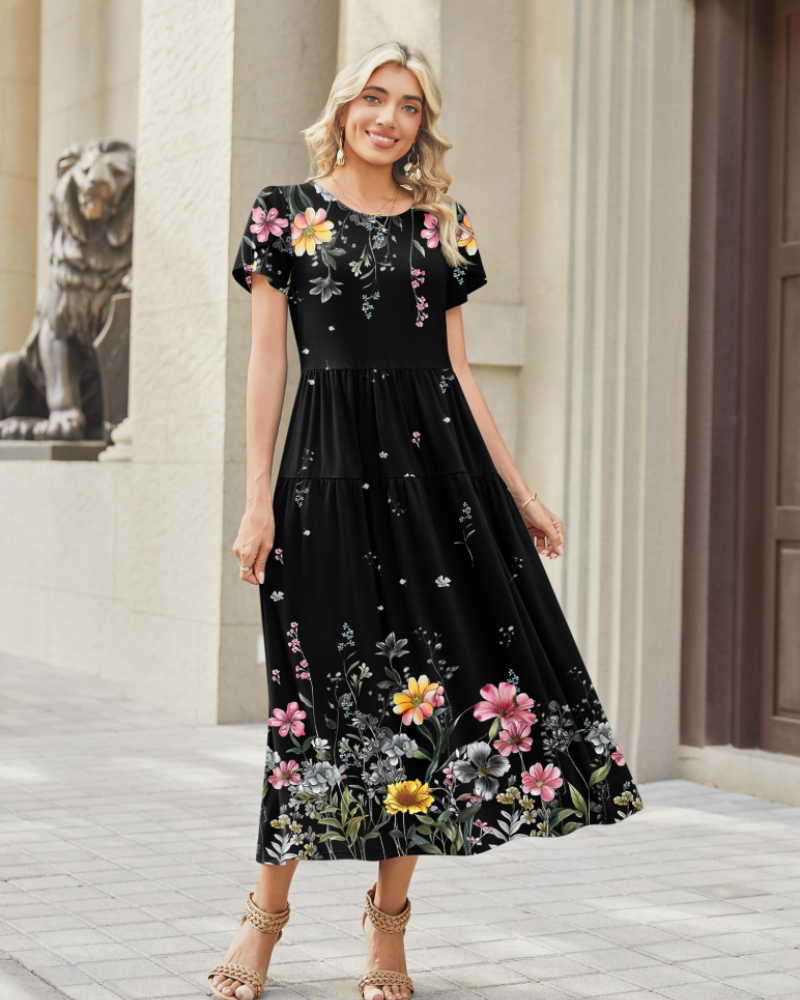 Rochie maxi boemă Olivia pentru femei – rochie lungă cu flori, croială A, cu buzunare