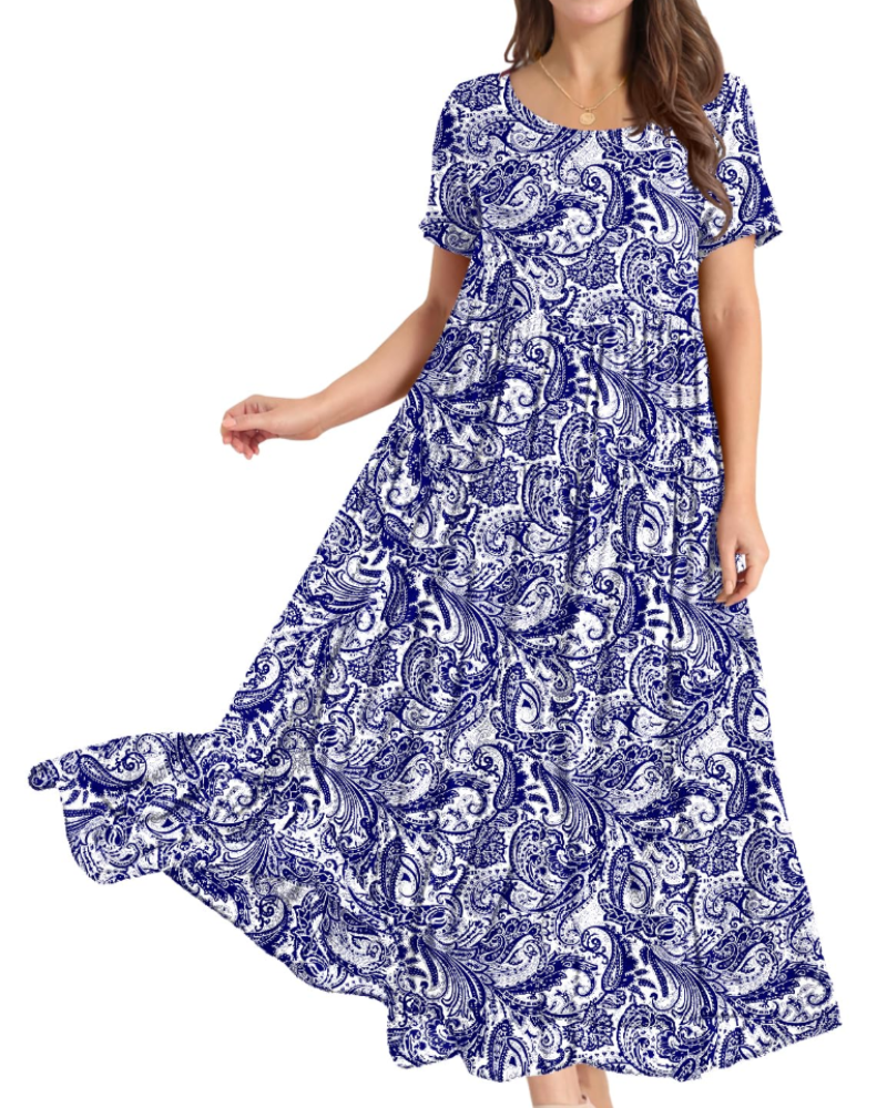 Rina Maxi Dress for Women – Bohemian Floral Cotton Dress with Round Neck & Pockets Summer
