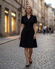 Vestido Sophie Mulher – Vestido Evasê Decote V Mangas Bufantes com Bolsos Elegante