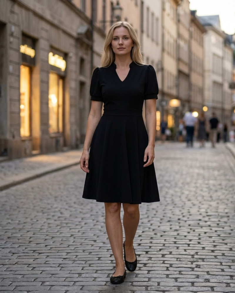 Vestido Sophie Mulher – Vestido Evasê Decote V Mangas Bufantes com Bolsos Elegante