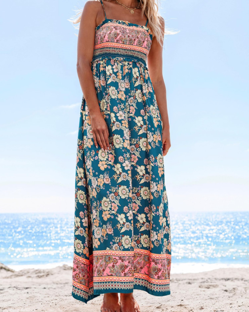Rochie maxi Willow pentru femei – cu imprimeu floral, smocată, cu bretele și volane