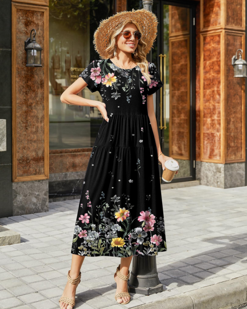 Rochie maxi boemă Olivia pentru femei – rochie lungă cu flori, croială A, cu buzunare