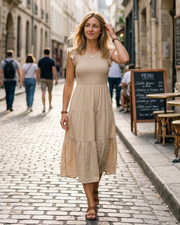 Clara Robe Midi Femme – Robe Été Col V Smockée Volants Avec Poches Élégante
