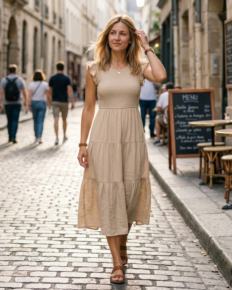 Clara Robe Midi Femme – Robe Été Col V Smockée Volants Avec Poches Élégante