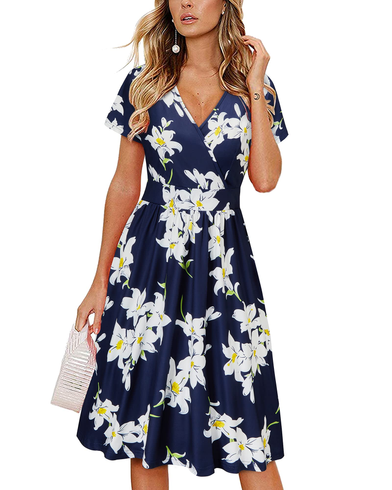 Sophia Robe Femme Été – Cache-Cœur Col V Longueur Genou avec Poches