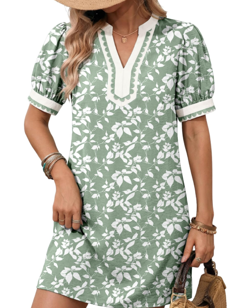 Charlotte Boheemse Damesjurk – Zomerjurk met V-hals, Bloemenprint en Pofmouwen