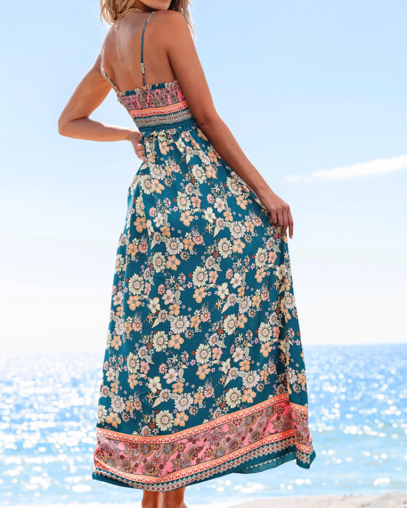 Rochie maxi Willow pentru femei – cu imprimeu floral, smocată, cu bretele și volane