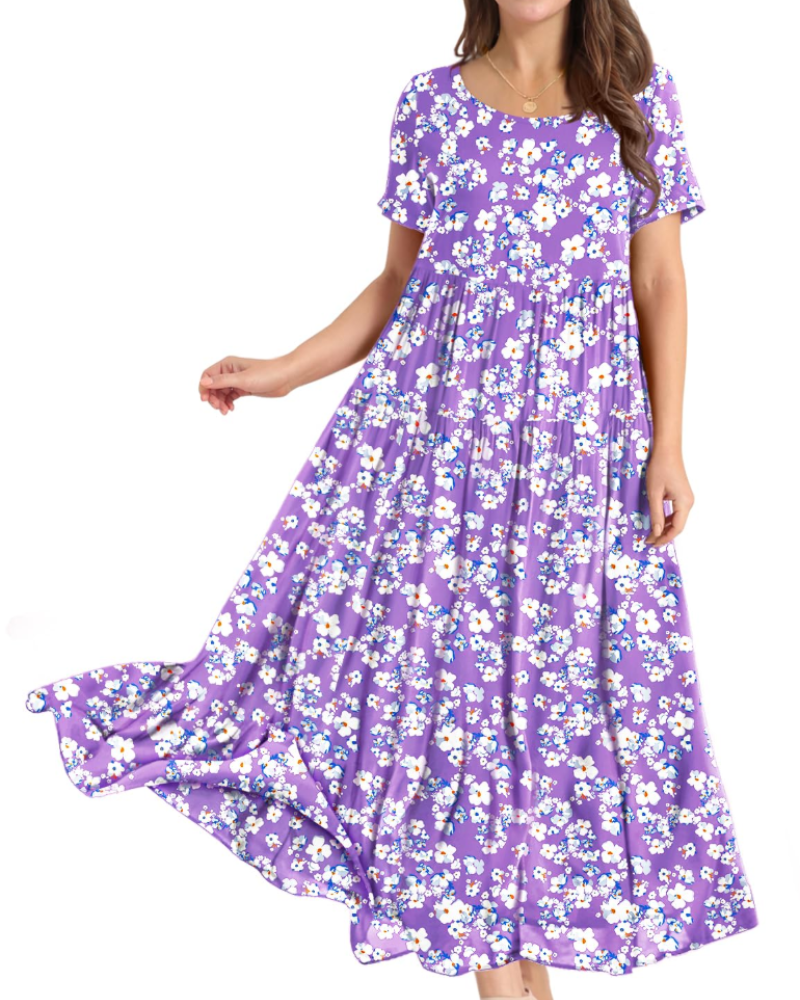 Rina Maxi Dress for Women – Bohemian Floral Cotton Dress with Round Neck & Pockets Summer