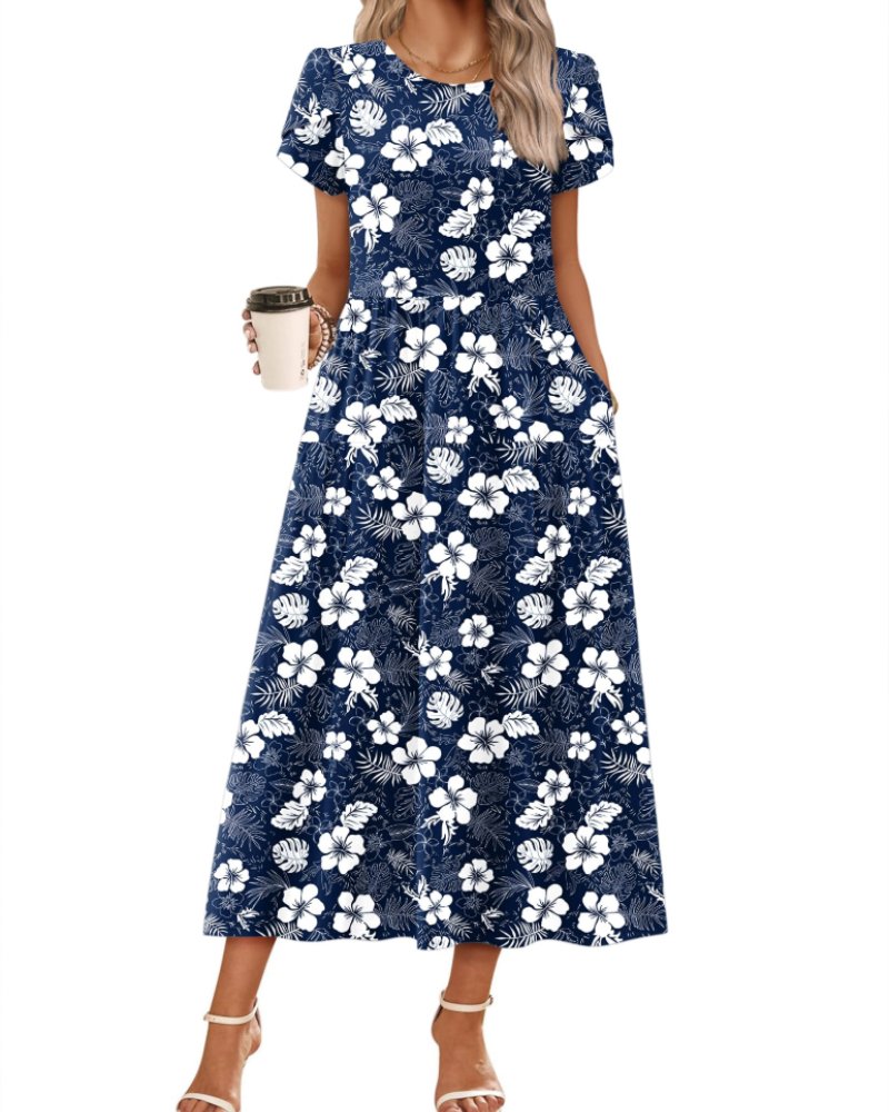 Rochie maxi boemă Olivia pentru femei – rochie lungă cu flori, croială A, cu buzunare