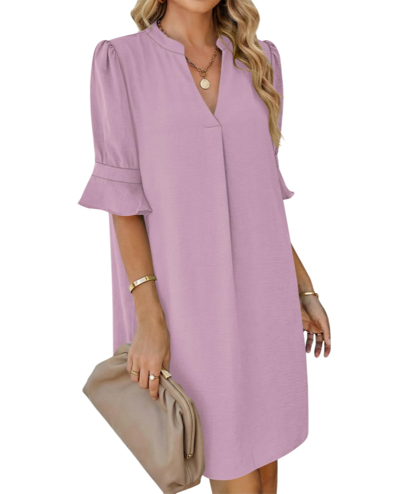 Vestido Ronella para Mulher – Vestido de Verão com Decote em V, Corte Evasé, Bolsos e Mangas com Folhos