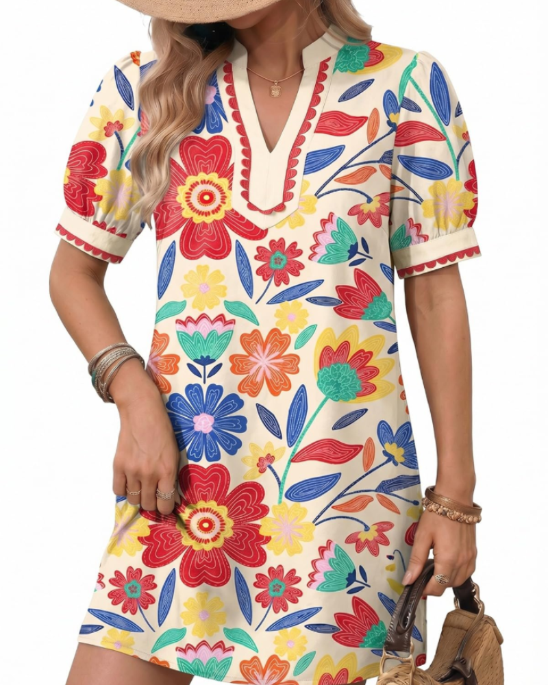Charlotte Boheemse Damesjurk – Zomerjurk met V-hals, Bloemenprint en Pofmouwen