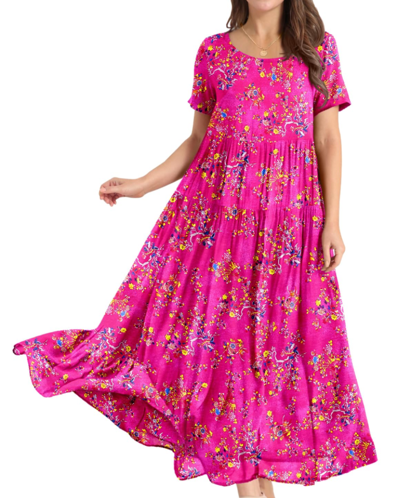 Rina Maxi Dress for Women – Bohemian Floral Cotton Dress with Round Neck & Pockets Summer
