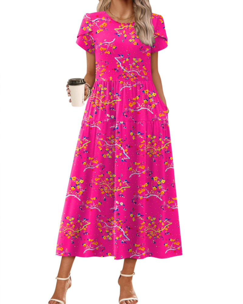 Rochie maxi boemă Olivia pentru femei – rochie lungă cu flori, croială A, cu buzunare