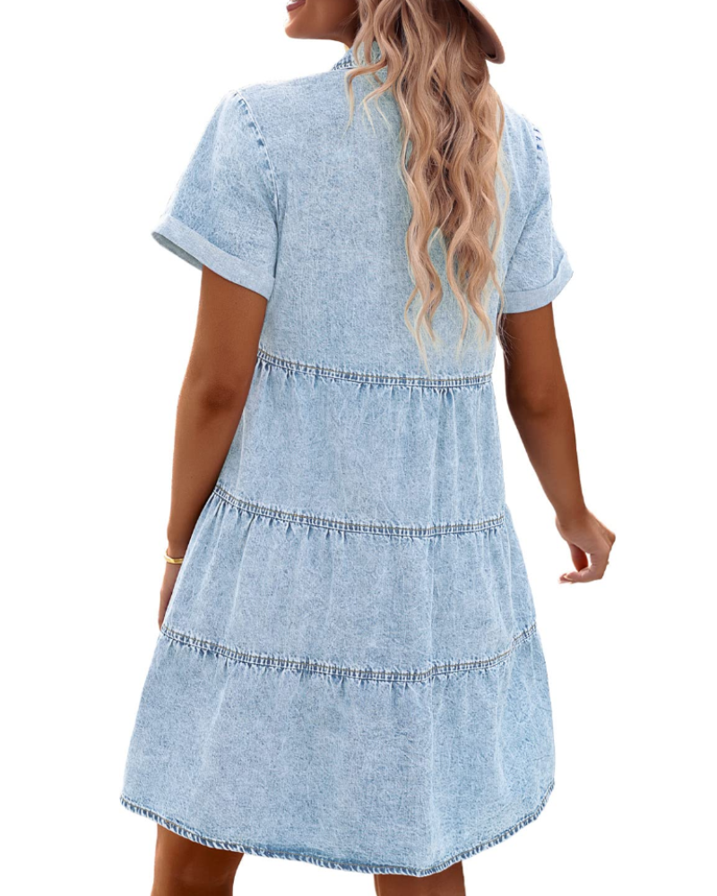 Vestito Camicia Donna in Denim Emma – Vestito Babydoll con Bottoni e Volant Sovrapposti