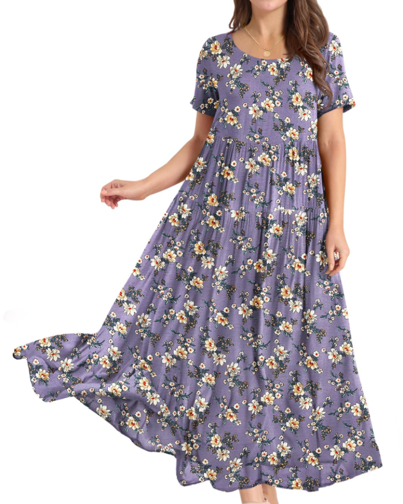 Rina Maxi Dress for Women – Bohemian Floral Cotton Dress with Round Neck & Pockets Summer