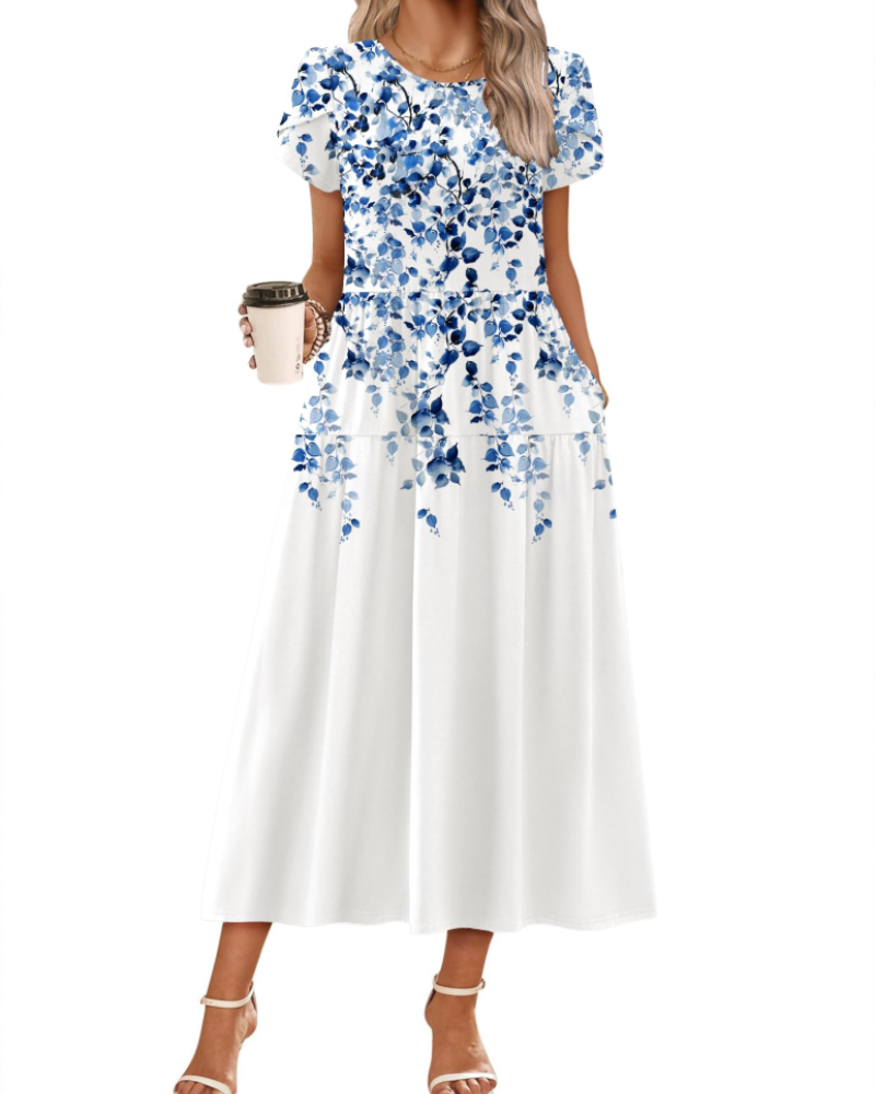 Rochie maxi boemă Olivia pentru femei – rochie lungă cu flori, croială A, cu buzunare