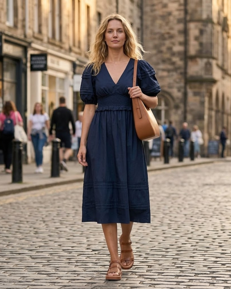 Charlotte Midikleid für Damen – Elegantes Kleid mit Puffärmeln und V-Ausschnitt