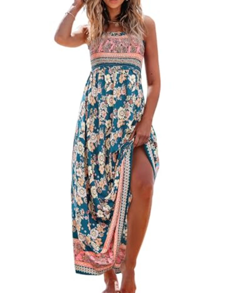 Rochie maxi Willow pentru femei – cu imprimeu floral, smocată, cu bretele și volane