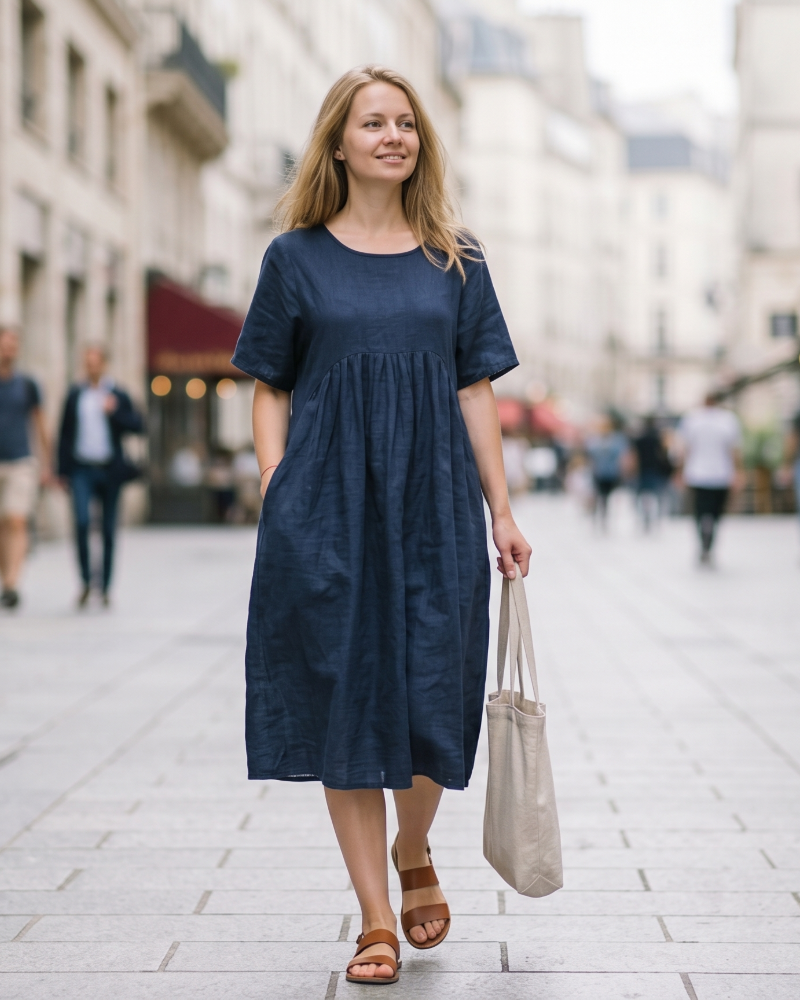 Juni Midi Jurk Dames Grote Maat – Katoen Ronde Hals Korte Mouwen & Zakjes