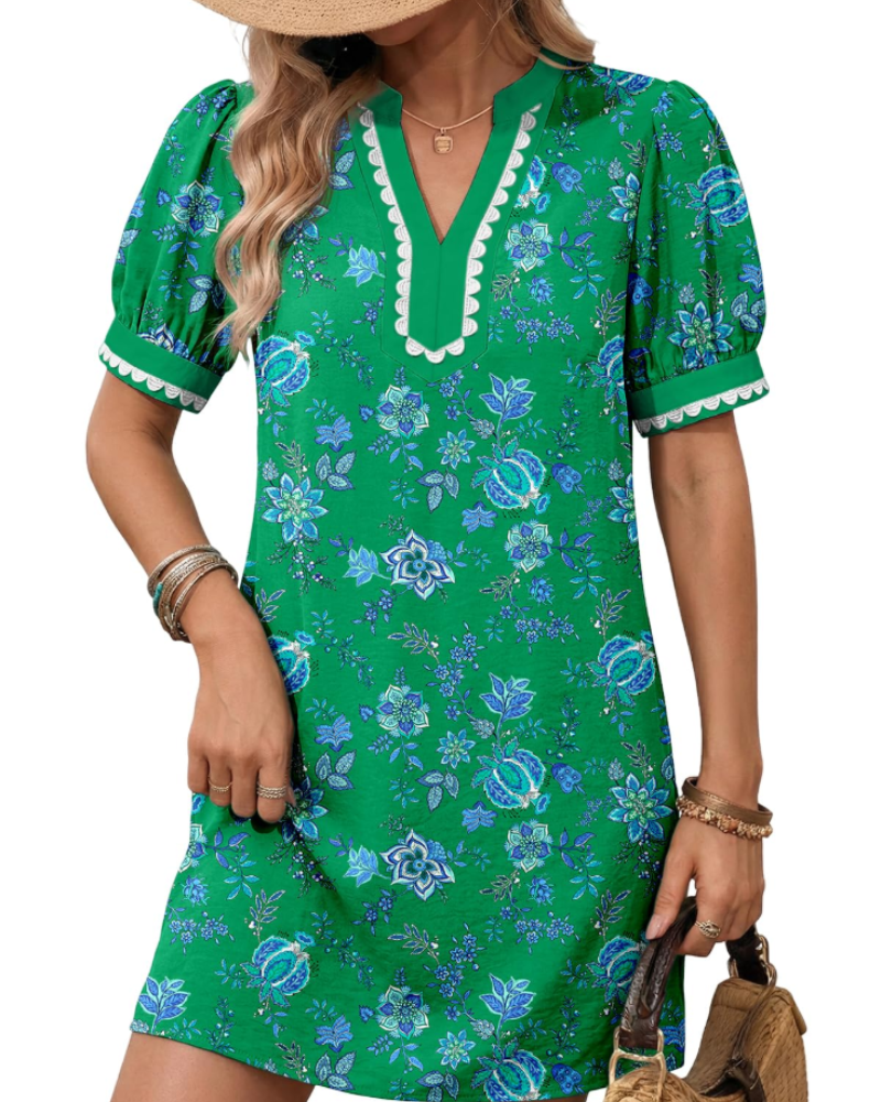 Charlotte Boheemse Damesjurk – Zomerjurk met V-hals, Bloemenprint en Pofmouwen