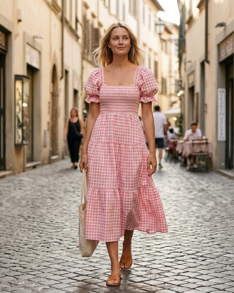 Vestido Boémio Sophie para Mulher – Vestido Midi com Decote Quadrado e Mangas Bufantes, Verão Elegante