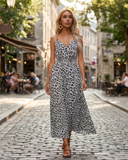 Cora Maxikleid für Damen Sommer – Leopardenmuster, V-Ausschnitt, elastische Taille