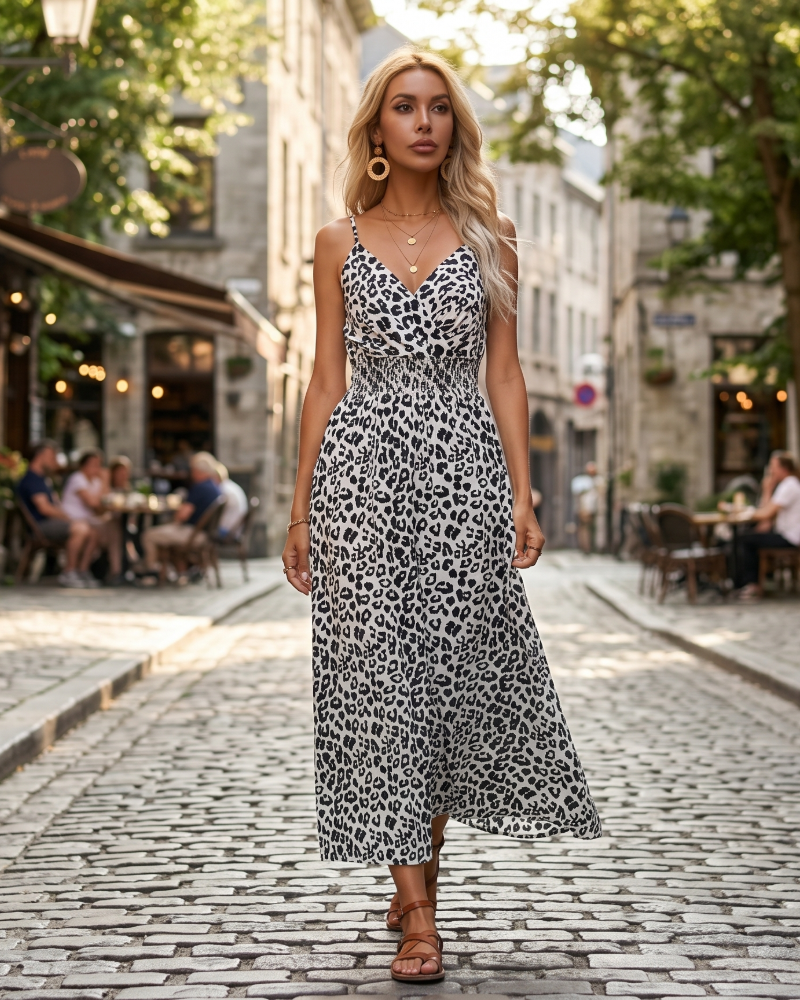 Cora Maxikleid für Damen Sommer – Leopardenmuster, V-Ausschnitt, elastische Taille