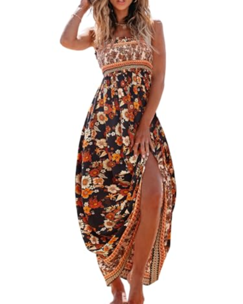 Rochie maxi Willow pentru femei – cu imprimeu floral, smocată, cu bretele și volane