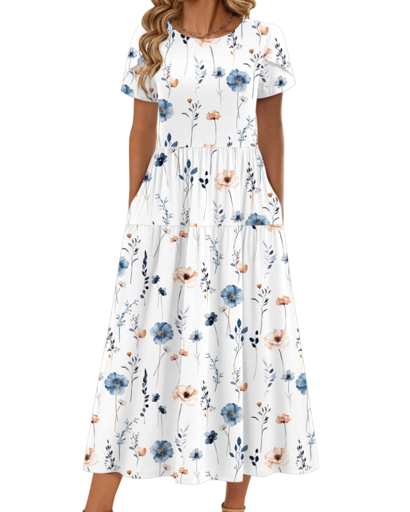 Rochie maxi boemă Olivia pentru femei – rochie lungă cu flori, croială A, cu buzunare