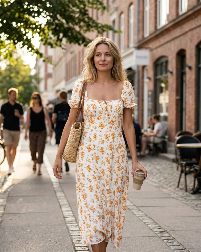 Vestido largo bohemio Sophie para mujer – vestido fluido con flores, cuello cuadrado y mangas cortas