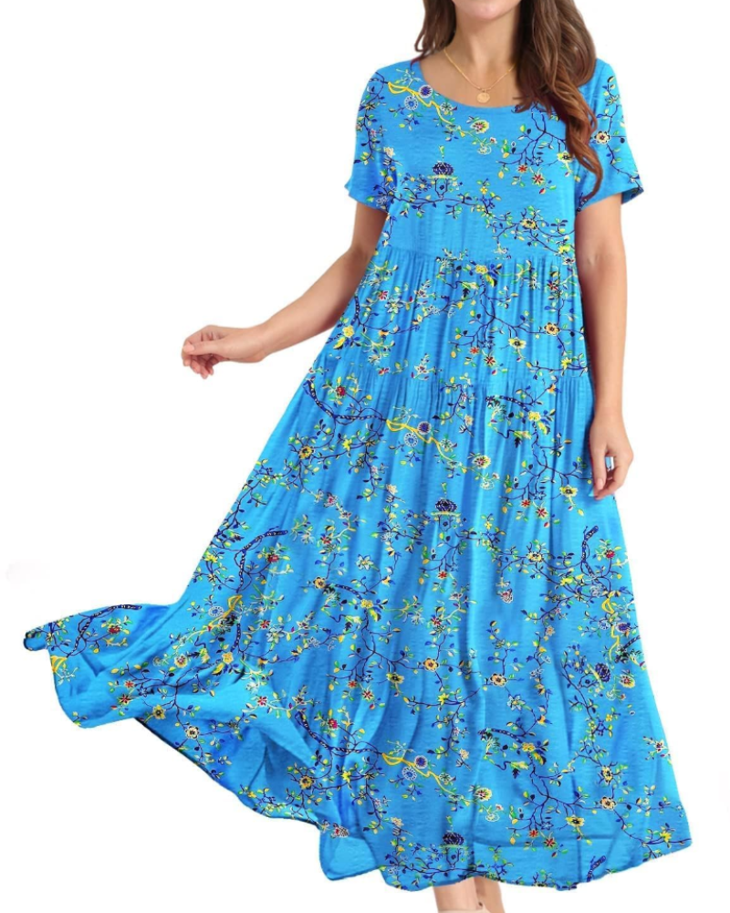 Rina Maxi Dress for Women – Bohemian Floral Cotton Dress with Round Neck & Pockets Summer