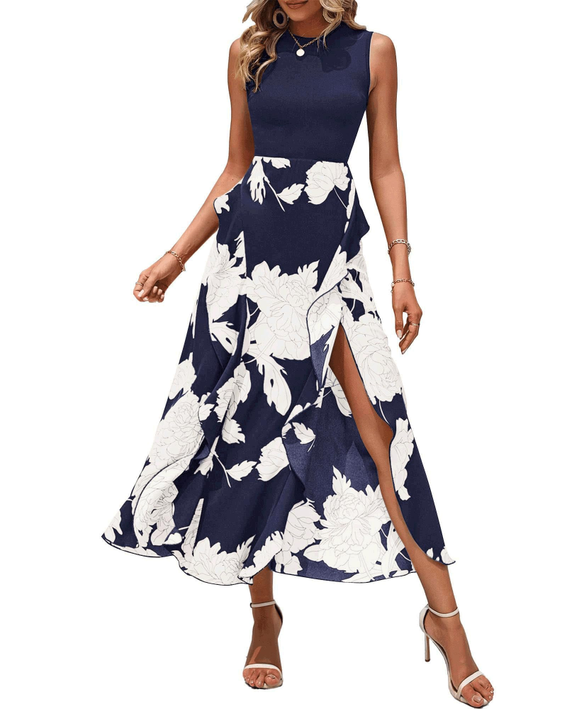 Vestido Midi Floral Zoey para Mulher – Vestido Boémio Sem Mangas com Cintura Alta e Folhos