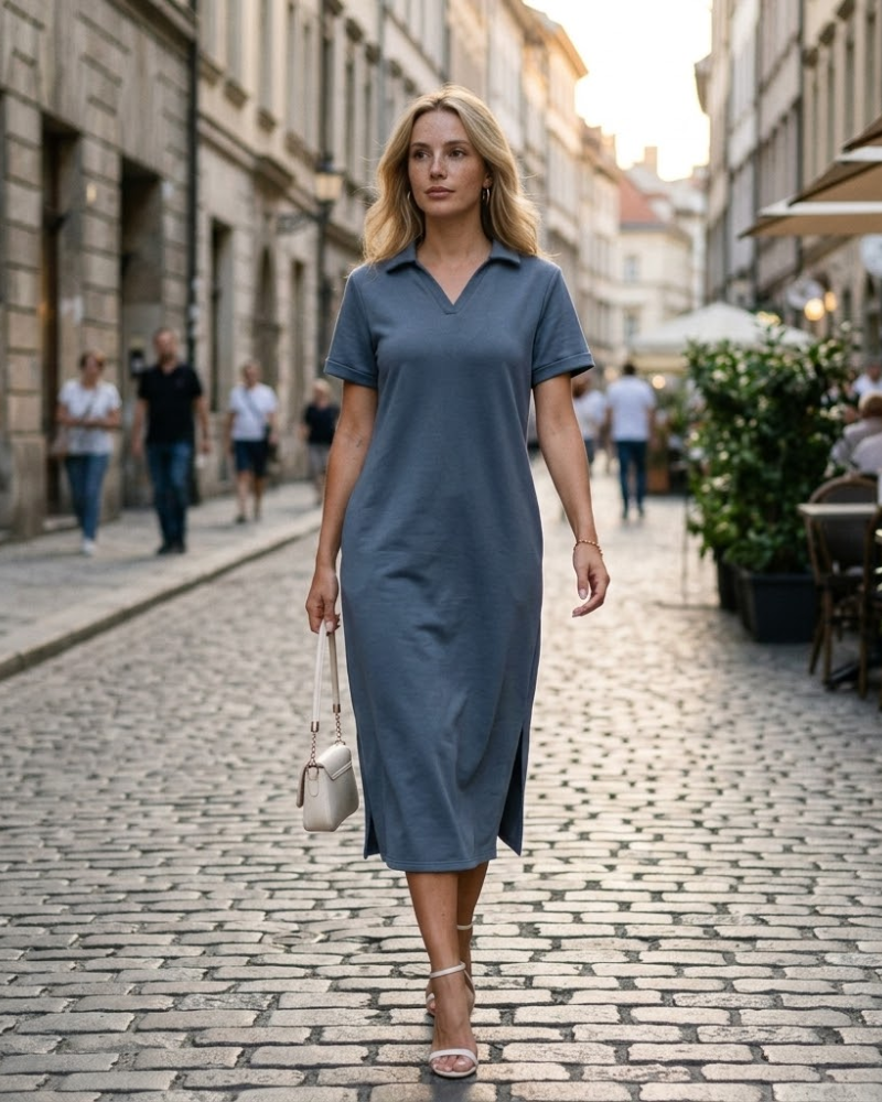 Rochie maxi polo Claire pentru femei – Rochie elegantă fără cute cu buzunare, confort de vară