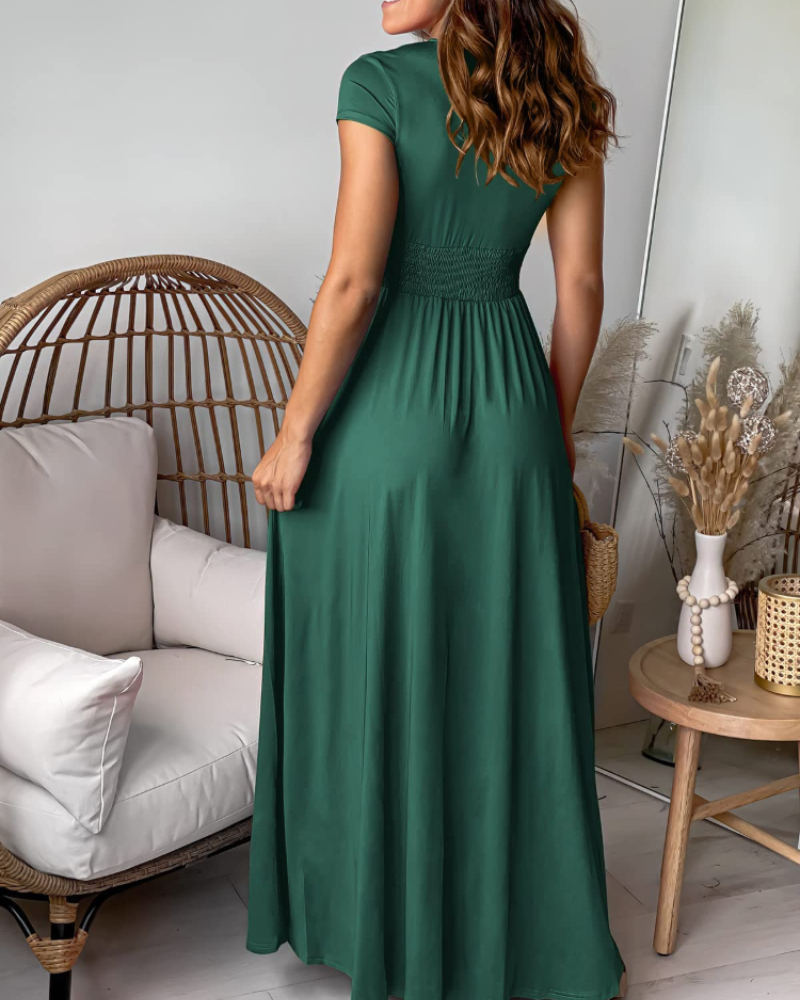 Leah Robe Maxi Femme Été – Col V Manches Courtes Fente & Coupe A-Line