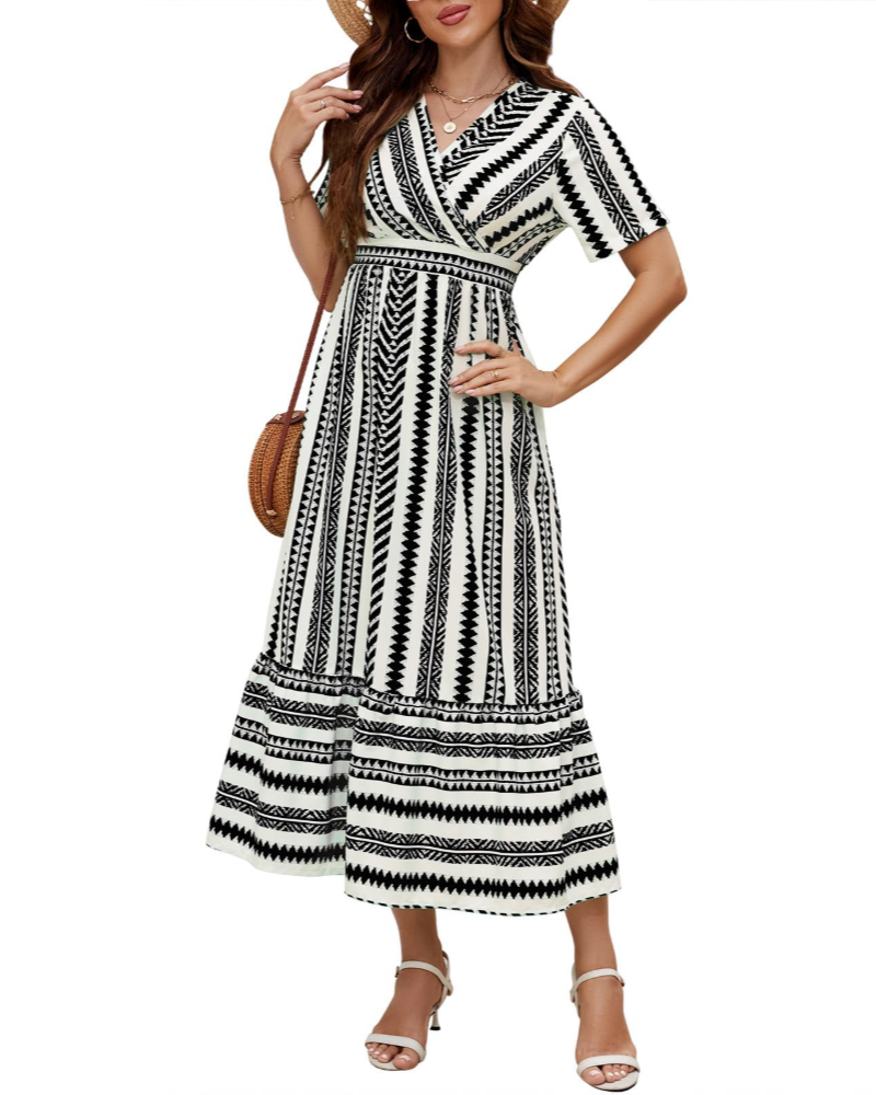 Vestido Elsie para Mulher Verão – Decote em V às Riscas Corte A-Line com Bolsos