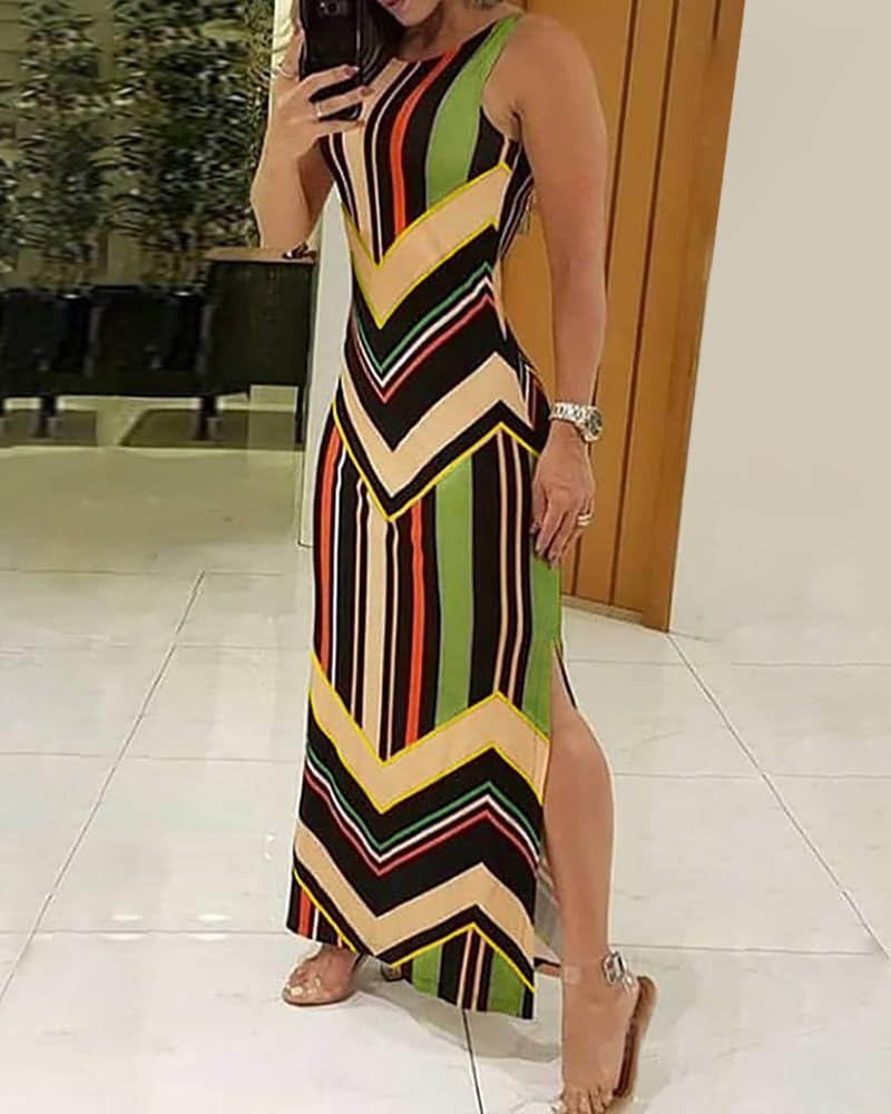 Pruhované šaty Tahlia pro ženy – šaty bez rukávů s kulatým výstřihem a bočním rozparkem