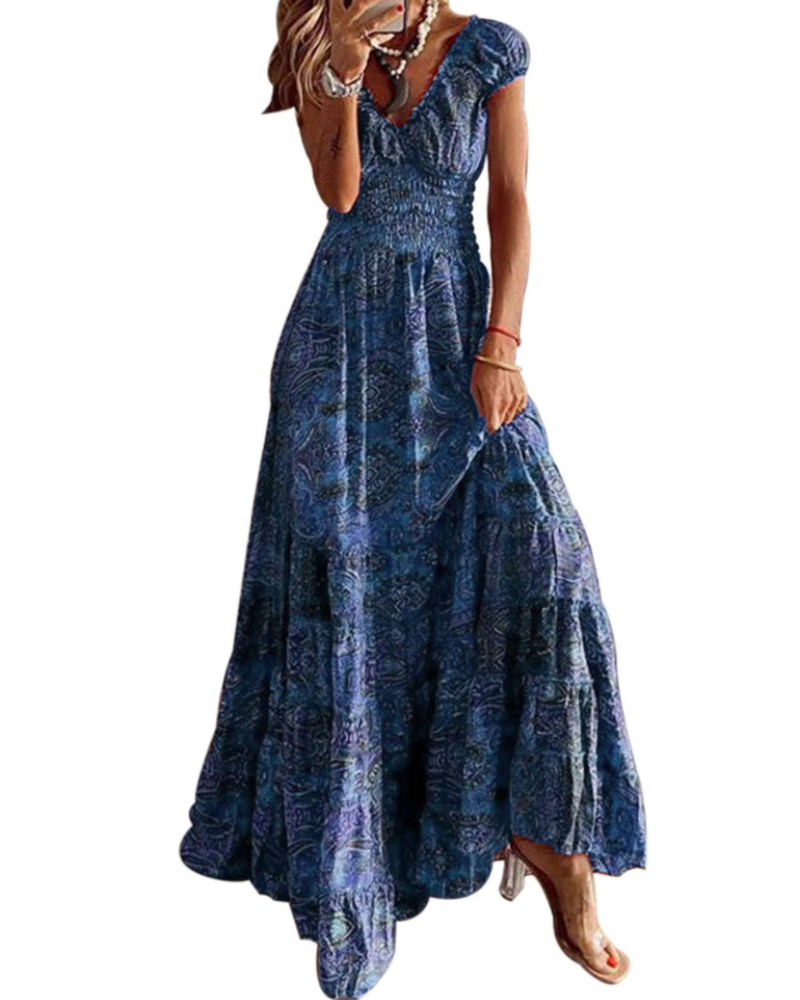 Vestido Maxi Charl para Mujer Verano – Floral Cuello en V Manga Corta