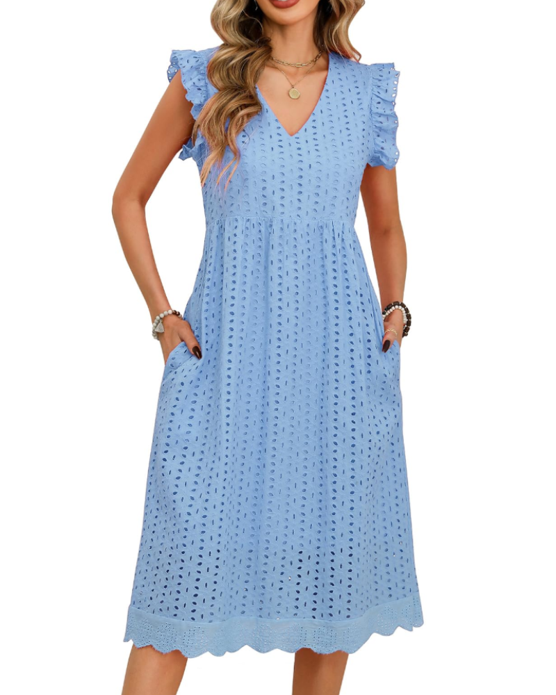 Abito Midi da Donna Abigail – Cotone con Scollo a V, Volant e Tasche