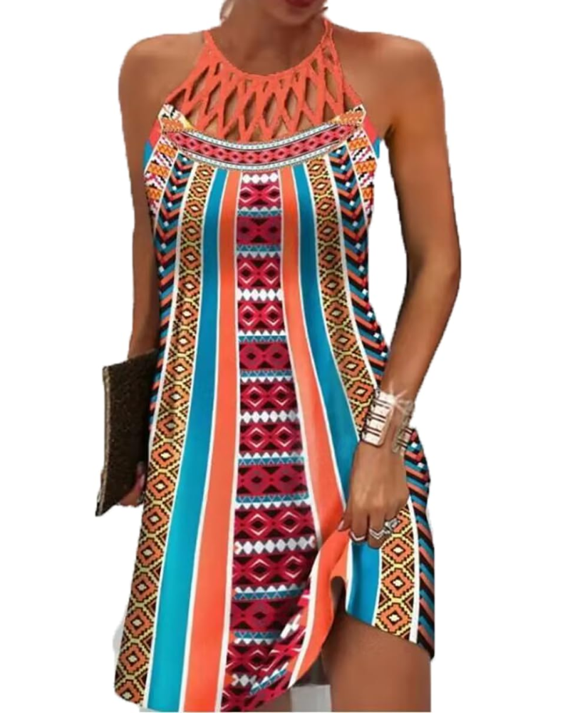 Layla Midi Boheme Kjole til Kvinder – Sommerkjole med Halterneck og Etnisk Print