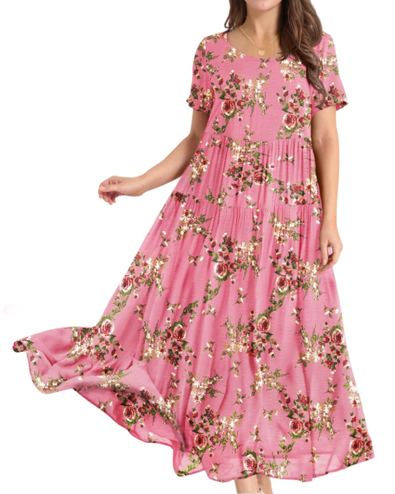 Rina Maxi Dress for Women – Bohemian Floral Cotton Dress with Round Neck & Pockets Summer