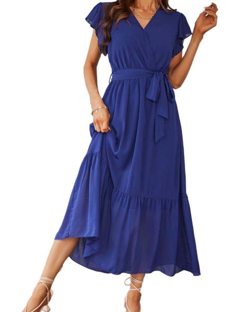Anita Maxi Dress for Women – Bohemian Floral Dress with V-Neck, Ruffles, Belt, Summer