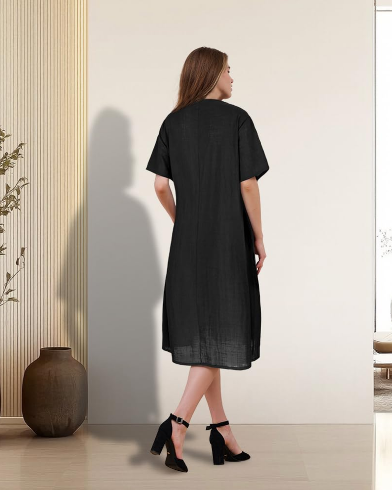 Juni Midi Jurk Dames Grote Maat – Katoen Ronde Hals Korte Mouwen & Zakjes