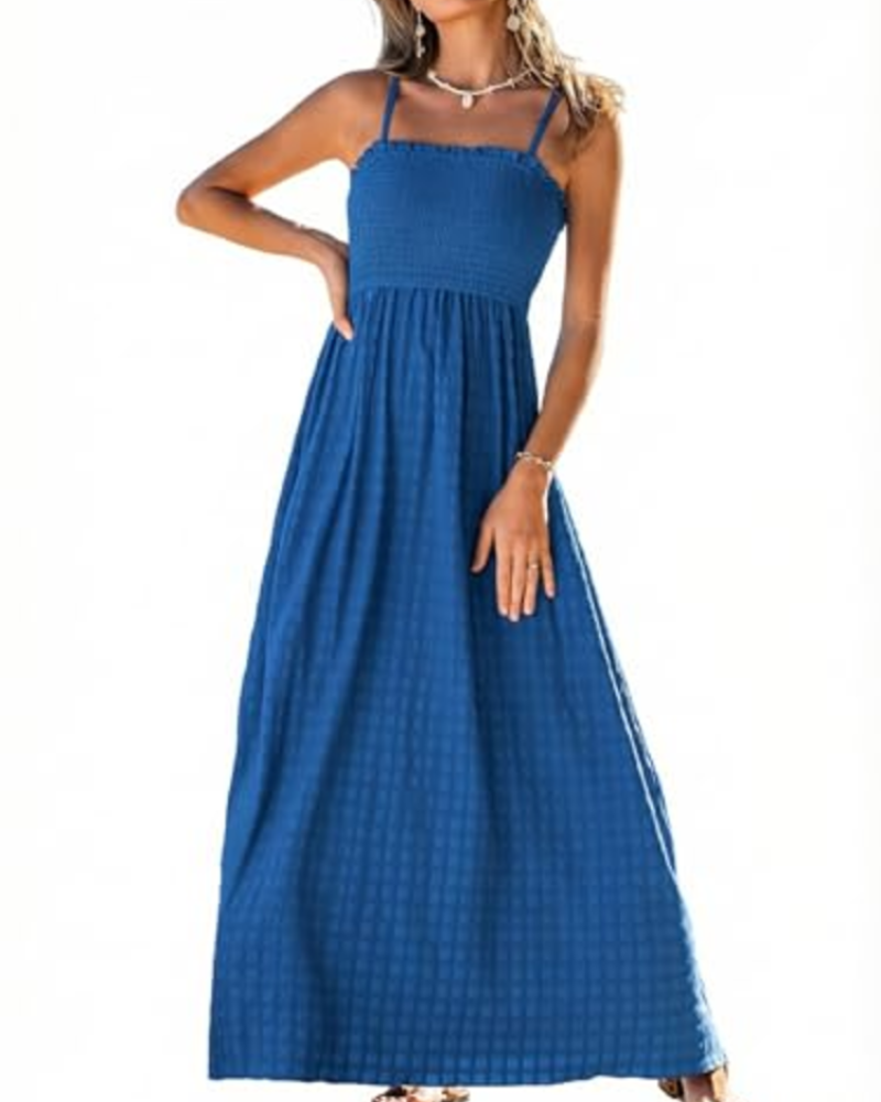 Rochie maxi Willow pentru femei – cu imprimeu floral, smocată, cu bretele și volane