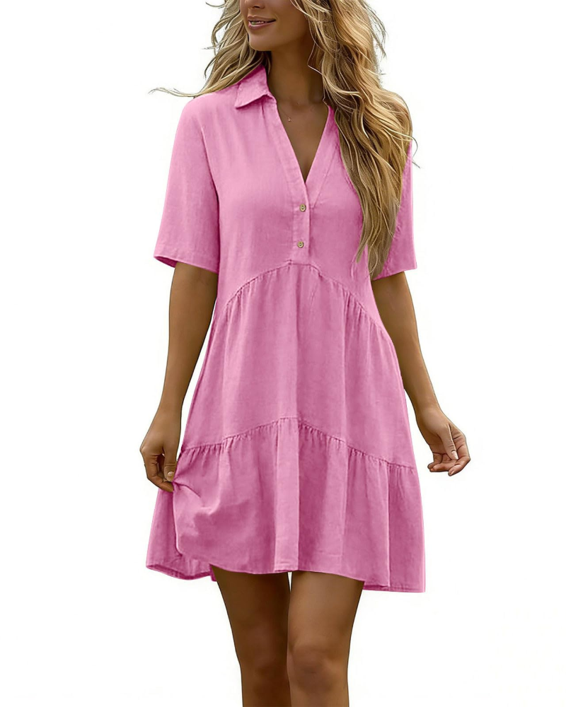 Vestido Harlow para mujer en lino – vestido corto con cuello en V y botones, mangas cortas de verano