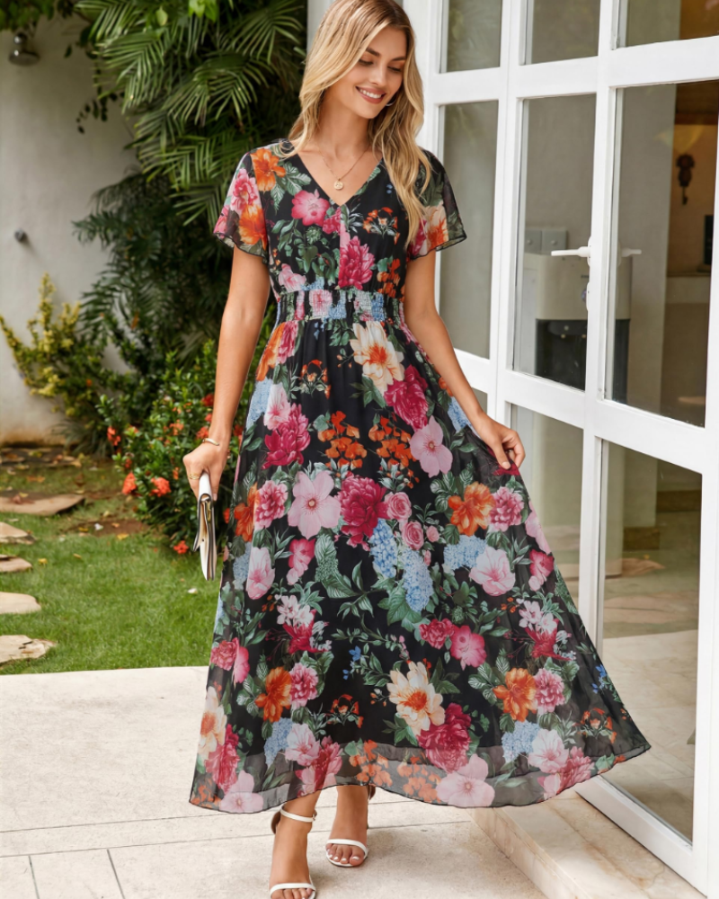 Isabella Blomstret Kjole til Kvinder – Elegant Boheme Midi Lang V-hals Kjole