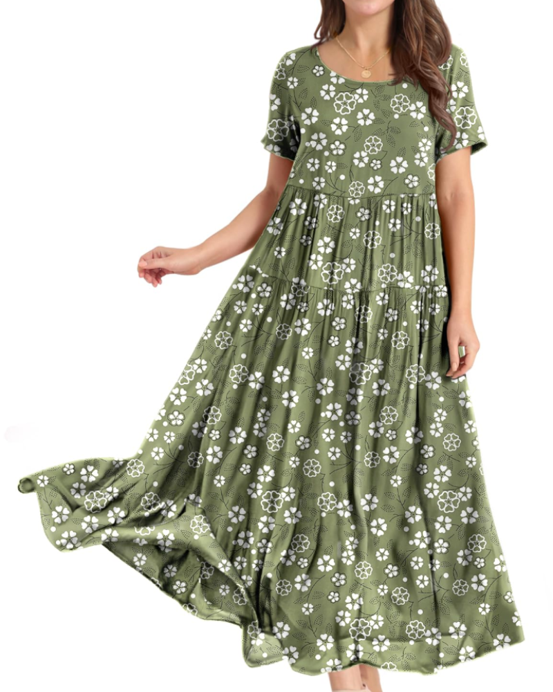 Rina Maxi Dress for Women – Bohemian Floral Cotton Dress with Round Neck & Pockets Summer
